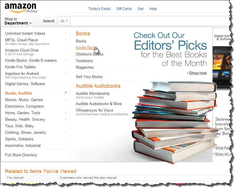 dropdown menu on Amazon