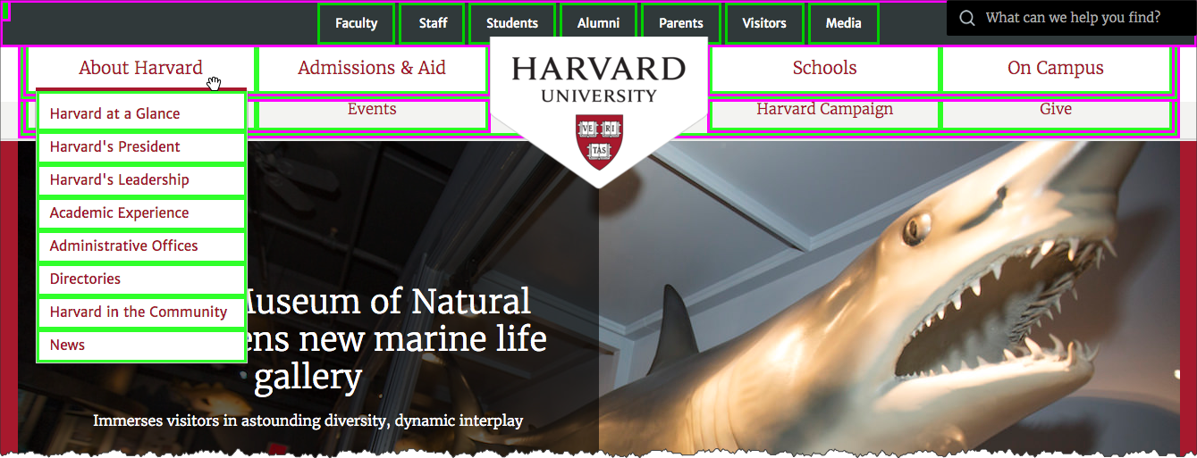 harvard home page with lists and list items highlighted