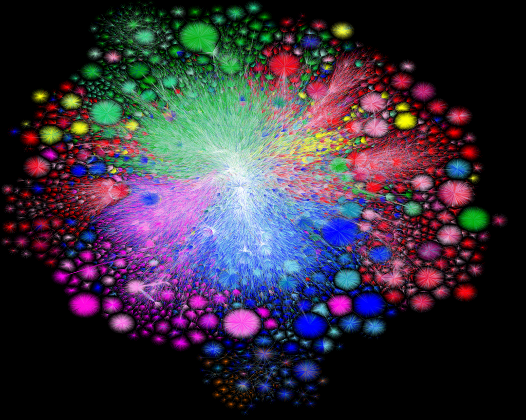 Visualization of the routing paths of the Internet.