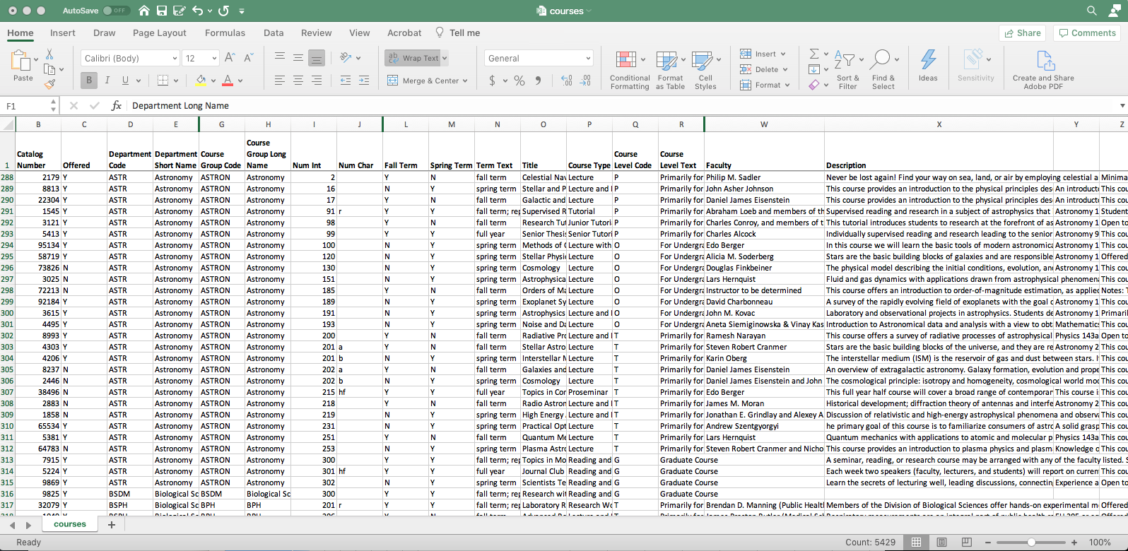 course data loaded in a spreadsheet