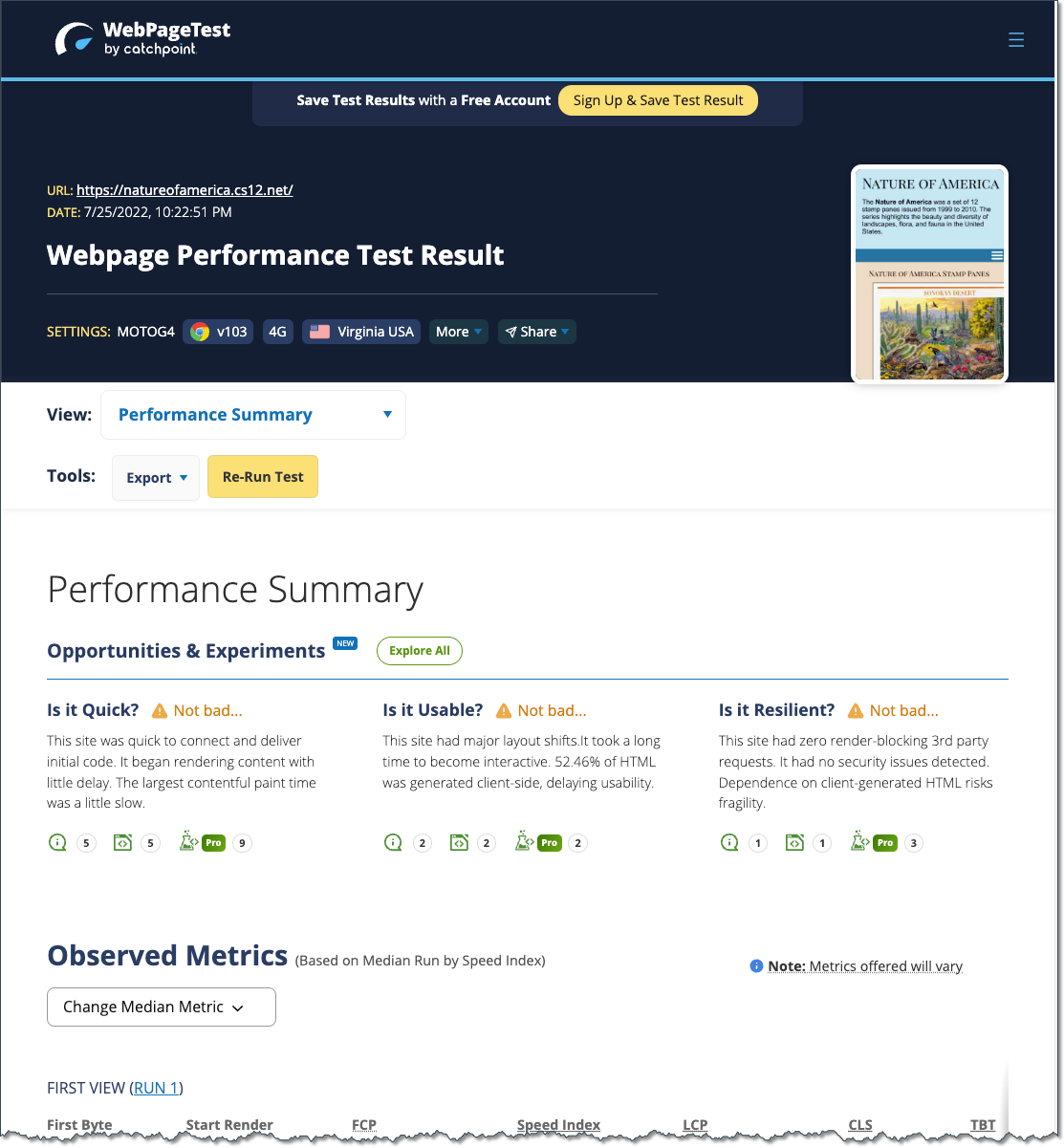 webpage test results