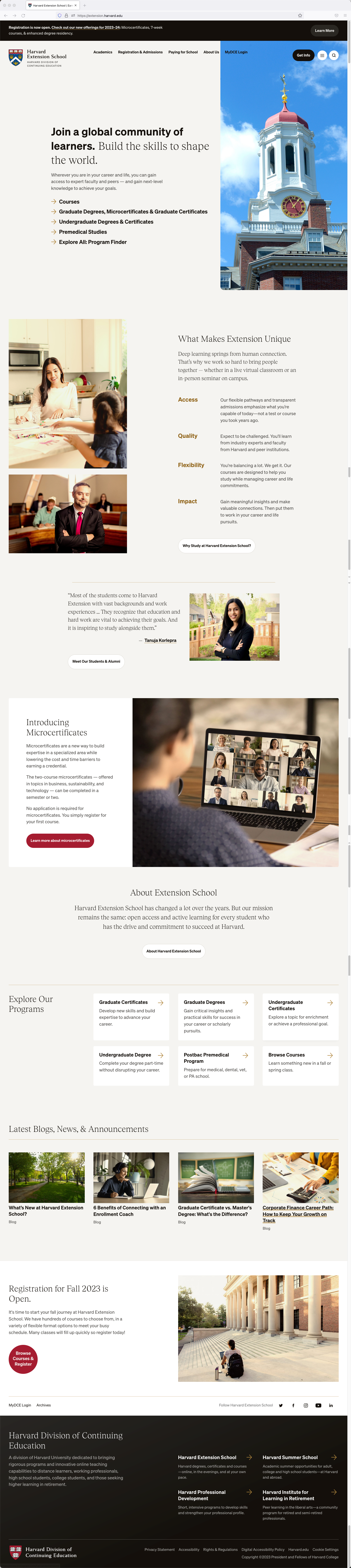 harvard extension school home page screenshot