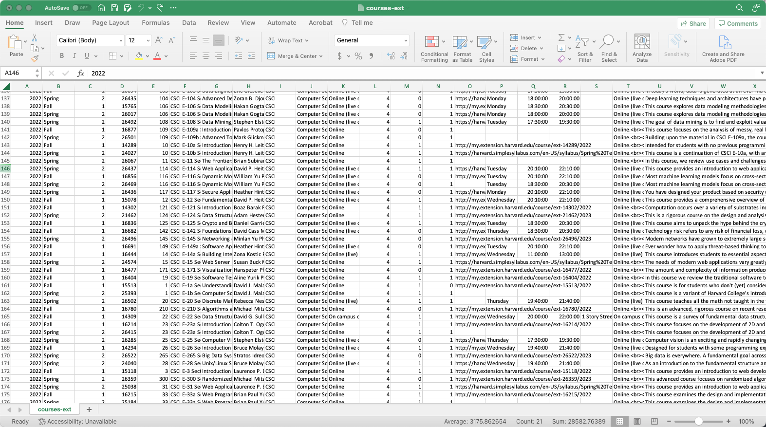 course data loaded in a spreadsheet